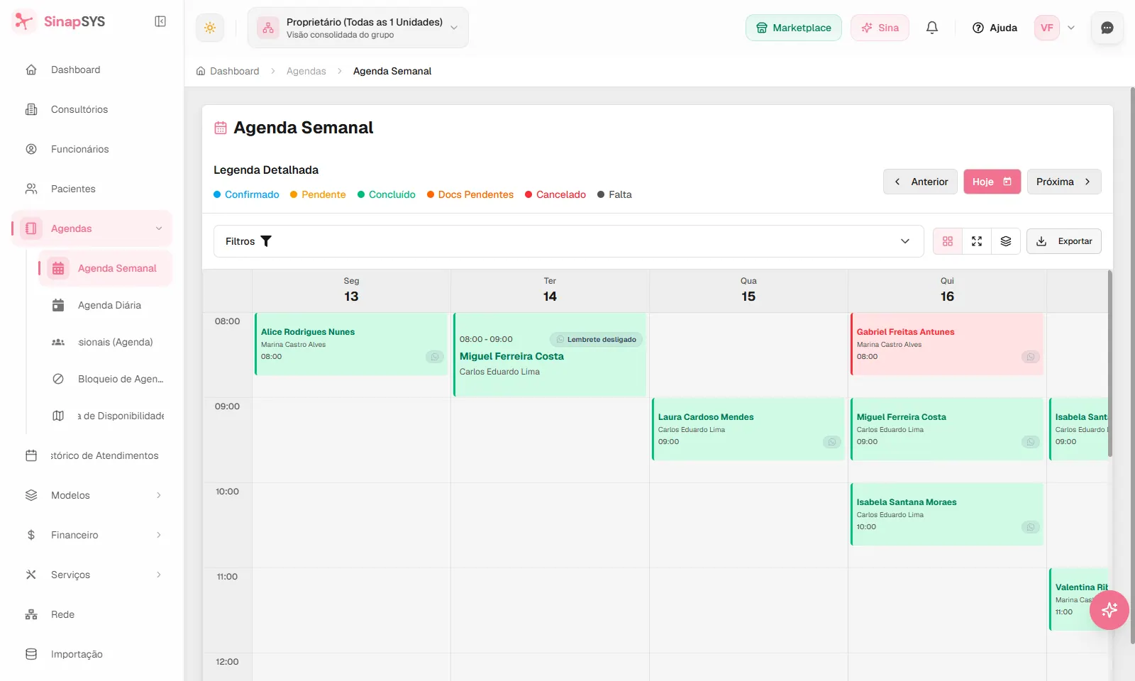 Agenda semanal do sistema para clínicas SinapSYS